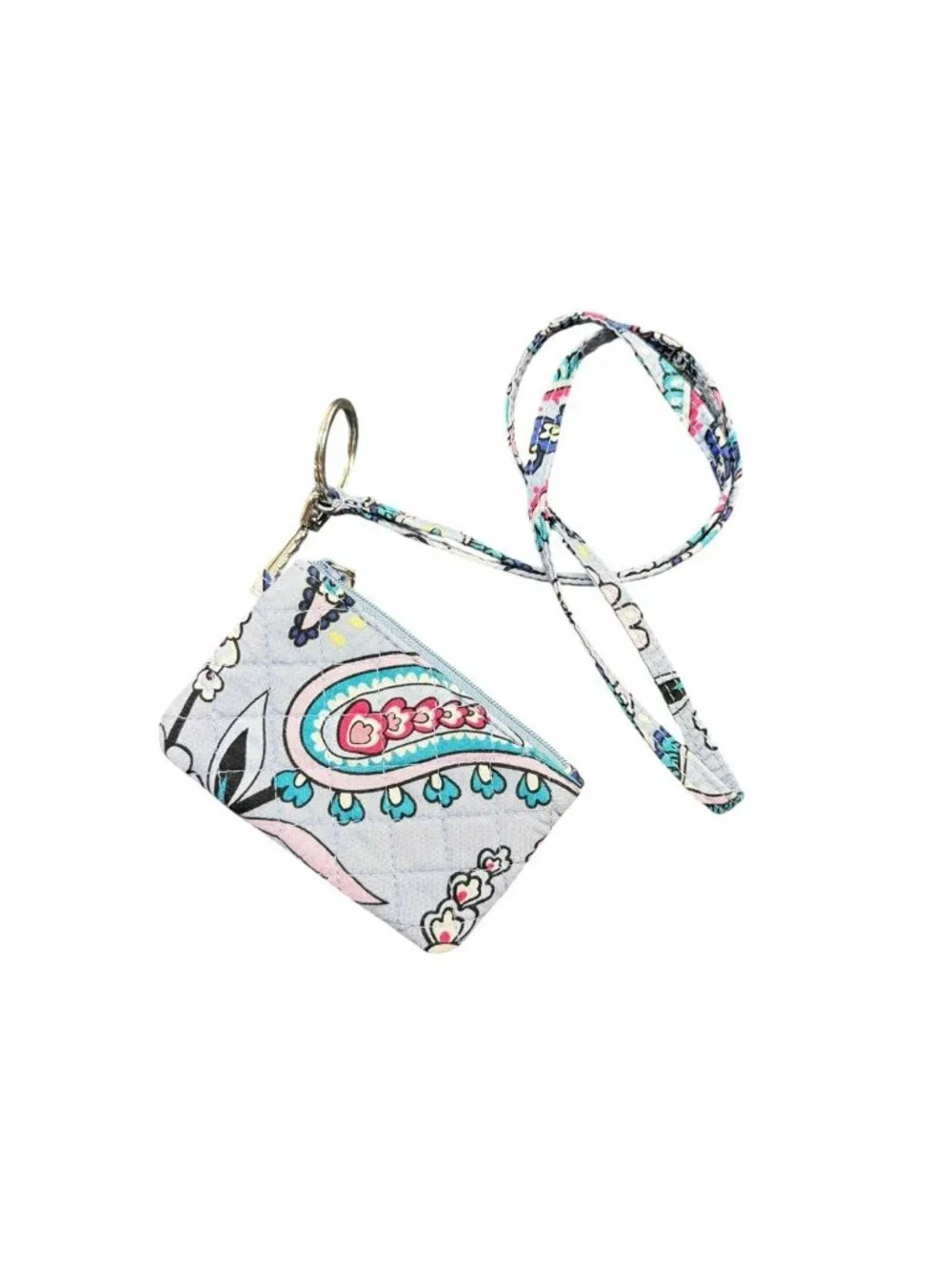 Vera Bradley Quilted Zip ID Card Holder Wallet Lanyard Light Blue Floral